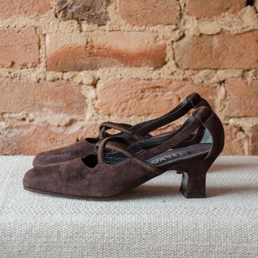 brown Mary Janes | 90s vintage Prevata brown suede square toe curved heel shoes size 6 