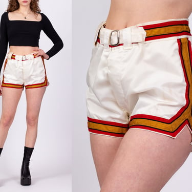 1960s Men's Belted Basketball Shorts - Size 32 | Vintage Deadstock White Striped Trim High Waisted Athletic Gym Shorts 