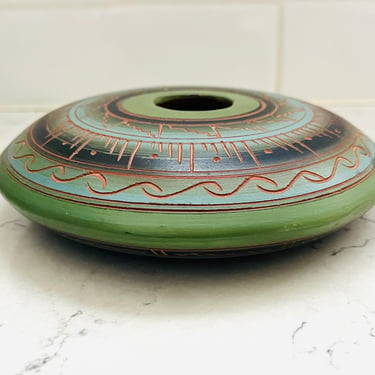 Sioux Saucer Pottery Hand Made and Hand Carved Signed Green Pottery by LeChalet