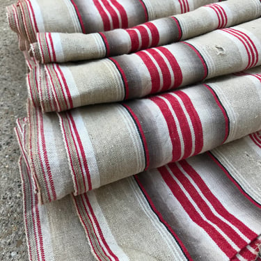 19th C French Linen Ticking Fabric, Rare Ombre, Red Black Stripe, Sewing Upholstery Projects, Historical Restoration Textile 
