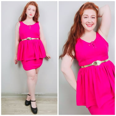 1980s Vintage Steel Hot Pink Cotton Lace Up Dress / 80s / Eighties Sleeveless Peplum Skirt Mini Dress / Size Medium 