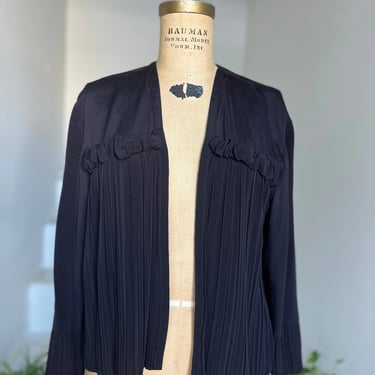 1970s does 1940s Open Front Black Rayon Pleated Jacket Club 22 LA Vintage Medium 