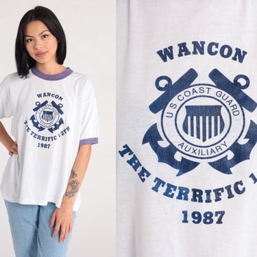 US Coast Guard Auxiliary Shirt 80s Ringer Tee Shirt Wanco 1987 Shirt Graphic TShirt Vintage Single Stitch 1980s Terrific 12th Extra Large xl 