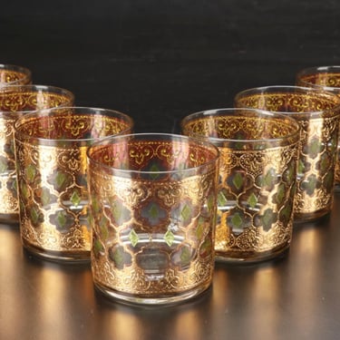 Vintage Culver glassware, 6 Valencia lowball cocktail glasses. Gold & green tumblers for whiskey on the rocks. MCM bar cart display barware, 
