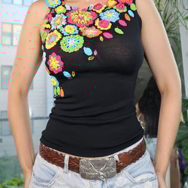 Vintage Black Knit Tank Top with Colorful Crochet Flowers &amp; Beaded Detail – Y2K Festival Statement Top