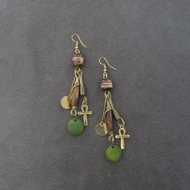 Long batik print bone and green wooden dangle earrings 