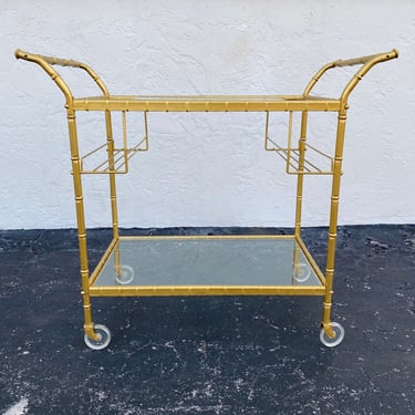 Metal Bar Cart FREE SHIPPING Gold Faux Bamboo Tea Trolley with Acrylic Wheels, Glass Table Tops & Bottle Holders 