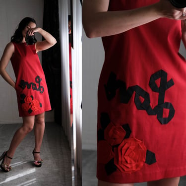 Vintage LOVE MOSCHINO Scarlet Red Mini Dress w/ Ribbon Embroidered Detailing | Made in Italy | Pockets, Cotton | Y2K 2000s Designer Dress 