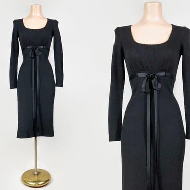 VINTAGE 1950s Sexy Hourglass Black Knit Wiggle Dress With Satin Bow Belt | 50s 60s Knitwear Bombshell Sweater Dress | VFG 