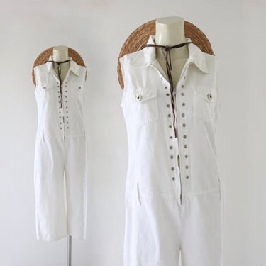 white denim zip jumpsuit - m - vintage 90s y2k cropped sleeveless womens size medium 