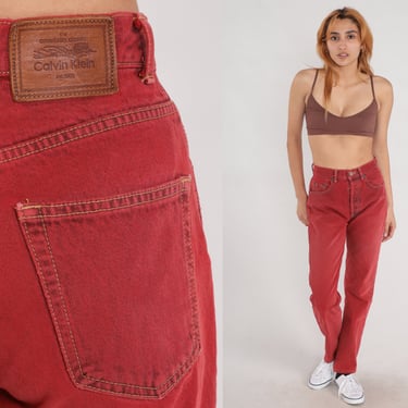 Red Calvin Klein Jeans 00s CK Jeans Mom Slim Straight Leg Skinny Jeans High Waisted Jeans Denim Button Fly Pants Y2K Vintage Small 26 
