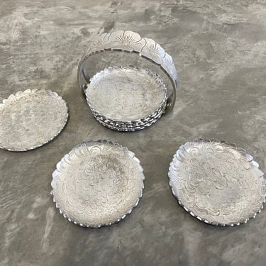 Continental Silver Company Inc. Wild Rose Brilliantone Silver Aluminum Coasters | Set of 8 | Vintage Coasters with Stand 