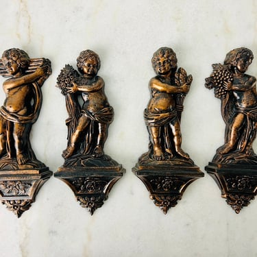 Vintage Cherub Wall Hanging set of 4, Dart Inc, faux bronze sculpture, 1969, Hollywood Regency home, holiday decor, cupid, collectible, gift 