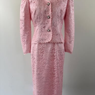 1970s Pink Lace Satin Dress with Jacket 