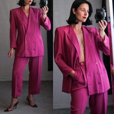 Vintage 80s SONIA RYKIEL Fuchsia Double Breasted Blazer & Pant Suit w/ Gold Metal Buttons | Made in France | 1980s French Designer Pant Suit 