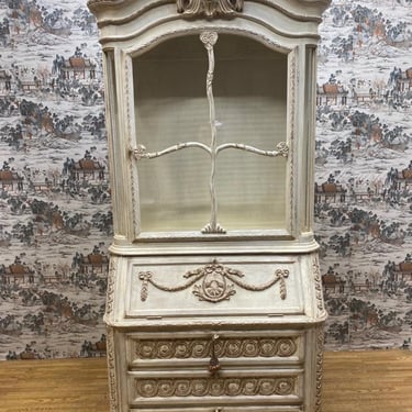 Vintage French Provincial Hand Carved White Secretary Desk and Display Cabinet