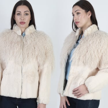 Cream Mongolian Lamb Fur Coat, Real Tibetan Shaggy Avant Garde Jacket, Curly Sheared Rabbit Bomber S M 