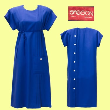 Vintage 1980s Sasson Royal Blue Dress | 80s Pleated Dress | Medium | i-9 