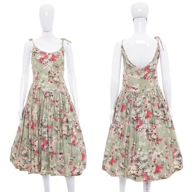 1950's Sue Leslie Sage and Multicolor Floral Print Dress Size L