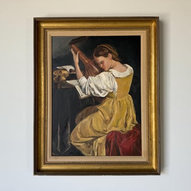 1960s Annette  Woman With Mandolin   Oil Panting, Framed 