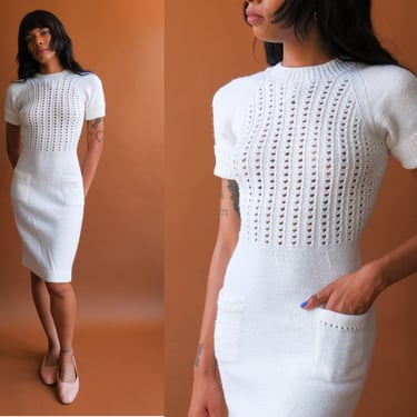 Vintage 60s White Kit Dress/ 1960s Short Sleeve Dress/ Size XS - M 