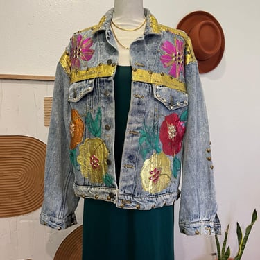 Canyon River Blue Hainted Studded Embellished Floral Cotton Denim Jacket - M 