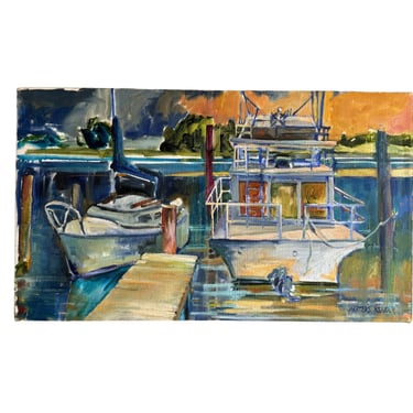 Blues boat dock Rectangular Canvas Painting Signed Martens K Sander 