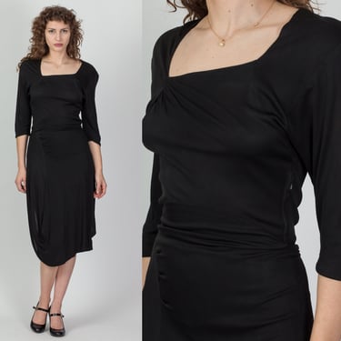 Vintage 1940s Draped Rayon Crepe Dress, As Is - Small | 40s Chas A Stevens Black 3/4 Sleeve Midi Wrap Dress 
