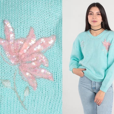 Floral Beaded Sweater Mint Blue Sequin Sweater 80s Pullover Sweater 1980s Acrylic Knit Retro Vintage Medium 