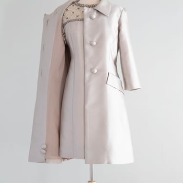 Fabulous 1960's Shantung Silk Silver Cocktail Dress & Matching Jacket / Med.