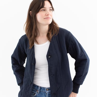 Vintage Overdye Navy Blue Reversible Cotton Quilt Jacket | Unisex V Neck 70s Europe Puffer | M L | 