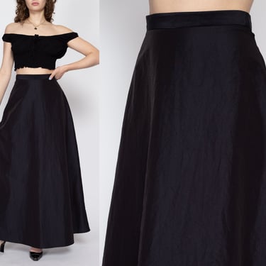 Sm-Med 90s Formal Black Taffeta Maxi Skirt | Vintage Floor Length High Waisted A Line Flowy Skirt 