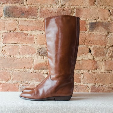 brown knee high leather boots | 80s 90s vintage Bandolino leather low heel flat riding style women's boots size 6.5 