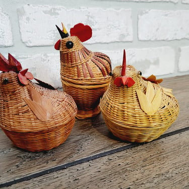 Set of 3 Vintage Chicken Miniature Basket Containers 