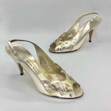 Vintage 1980s Bruno Magli Metallic Silver/Gold Leather Peep Toe Slingback High Heels, Designer Shoes Made in Italy, Size 10 B USA, VFG 