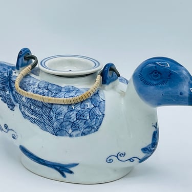 Vintage Chinese Blue & White Hand Painted Porcelain Duck Form Teapot or Creamer 