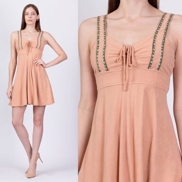 XS 70s Peach Floral Trim Mini Sundress | Vintage Boho A Line Velour Tank Dress 