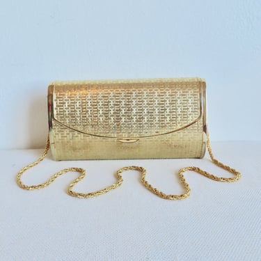 Vintage Italian Gold Metal Hard Case Purse with Shoulder Chain Convertible Clutch Made in Italy Formal Disco Era Hanbag Saks Fifth Avenue 