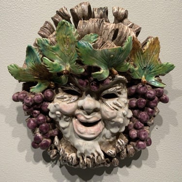 Italian Ceramic Pottery Majolica Bacchus Face Wall Mask with Grapes and Leaves, unique wall art, cute wall decoration 