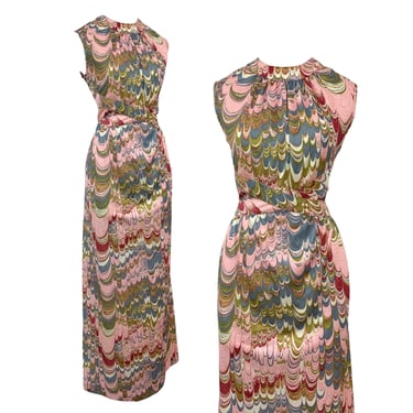 Vtg Vintage 1970s 70s Leslie Fay Groovy Pink Oil Slick Print Maxi Dress 