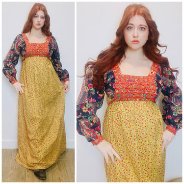 1970s Vintage Red and Yellow Floral Prairie Dress / 70s / Seventies Cotton Mixed Print Tall Girls Maxi Dress / Medium 