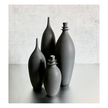 SHIPS NOW- Seconds Sale- Set of 4 Stoneware Ceramic Sculptural Vases in Dramatic Slate Black Matte by Sara Paloma Pottery. modern minimalist 