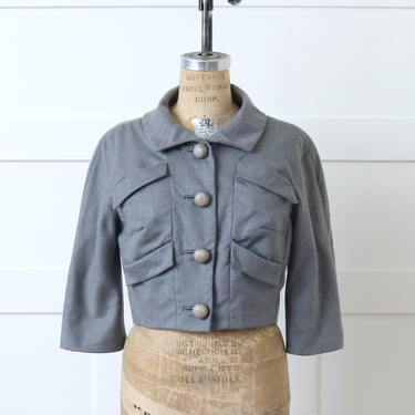 vintage 1960s gray cropped jacket • tailored boxy dress jacket with big buttons & pockets 