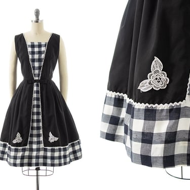 Vintage 1950s 1960s Sundress | 50s 60s Gingham Checkered Color Block Lace Appliqué White Black Fit and Flare Full Skirt Day Dress (small) 