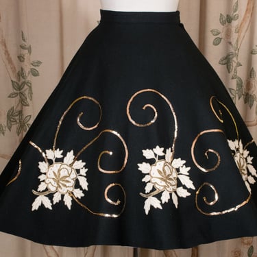 1950s Skirt - Elegant Black Wool Felt Circle Skirt with Ivory Rose Appliqués and Swirling Golden Sequins 