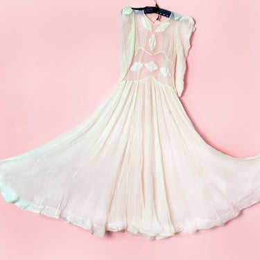 Antique 1930's Sheer White Organdy Wedding Dress Gown, Long Full Skirt, Vintage Art Deco, Ivory Silk, 1940's WWII Bridal 