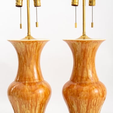 Yellow Flambe Glazed Ceramic Vase Mounted Lamps, 2
