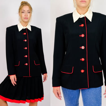 Vintage 90s Albert Nipon Black, Red & White Rayon Colorblock Accordion Pleated Skirt Suit w/ Iridescent Buttons | 1990s Designer Power Suit 