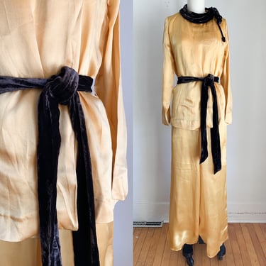 Vintage 1930s Mustard Silk Satin & Velvet Beach Pajamas / XS 