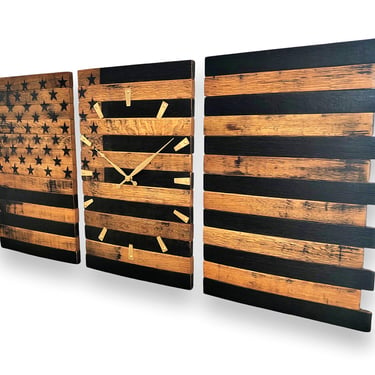 Whiskey Barrel American Flag Decor Panels W/ Clock - Kentucky Bourbon Patriot - XL Wall Mount Clock - Reclaimed Americana - Rustic Old Glory 